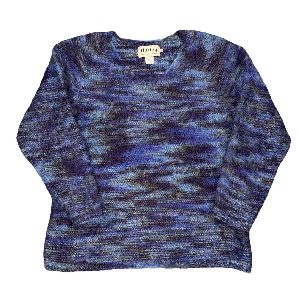 Harley of Scotland Womens Superkid Mohair Merino Wool Sweater Fuzzy Blue Size XL